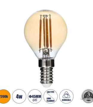 Λάμπα LED Long Filament E14 G45 Γλομπάκι 4W 350lm 360° AC 220-240V IP20 Φ4.5 x Υ7.5cm Ultra Θερμό Λευκό 2200K με Μελί Γυαλί – Dimmable – 3 Years Warranty