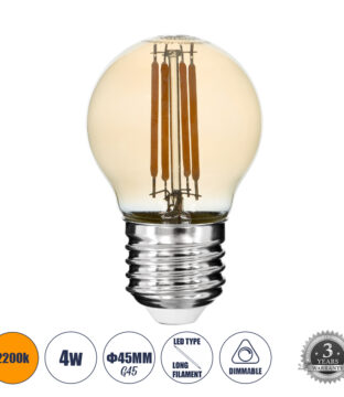 Λάμπα LED Long Filament E27 G45 Γλομπάκι 4W 350lm 360° AC 220-240V IP20 Φ4.5 x Υ7.5cm Ultra Θερμό Λευκό 2200K με Μελί Γυαλί – Dimmable – 3 Years Warranty