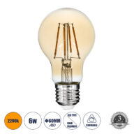 LED Long Filament Bulb E27 A60 Globe 6W 550lm 360° AC 220-240V IP20 D6 x H10.5cm Ultra Θερμό Λευκό 2200K με Μελί Γυαλί – Dimmable – 3 Years Warranty