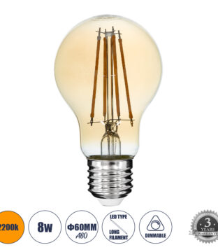 LED Long Filament Bulb E27 A60 Globe 8W 720lm 360° AC 220-240V IP20 D6 x H10.5cm Ultra Θερμό Λευκό 2200K με Μελί Γυαλί – Dimmable – 3 Years Warranty