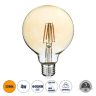 LED Long Filament Bulb E27 G95 Globe 4W 350lm 360° AC 220-240V IP20 D9.5 x H13.5cm Ultra Θερμό Λευκό 2200K με Μελί Γυαλί – Dimmable – 3 Years Warranty