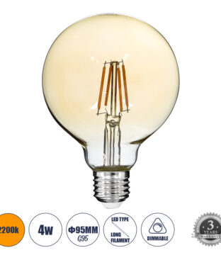 LED Long Filament Bulb E27 G95 Globe 4W 350lm 360° AC 220-240V IP20 D9.5 x H13.5cm Ultra Θερμό Λευκό 2200K με Μελί Γυαλί – Dimmable – 3 Years Warranty