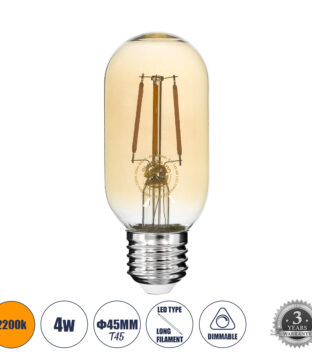 Λάμπα LED Long Filament E27 T45 Σωλήνας 4W 350lm 360° AC 220-240V IP20 Φ4.5 x Υ11cm Ultra Θερμό Λευκό 2200K με Μελί Γυαλί – Dimmable – 3 Years Warranty