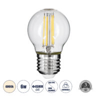 Λάμπα LED Long Filament E27 G45 Γλομπάκι 6W 660lm 360° AC 220-240V IP20 Φ4.5 x Υ7.5cm Φυσικό Λευκό 4000K με Διάφανο Γυαλί – Dimmable – 3 Years Warranty