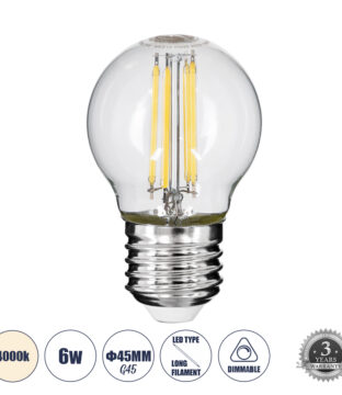 Λάμπα LED Long Filament E27 G45 Γλομπάκι 6W 660lm 360° AC 220-240V IP20 Φ4.5 x Υ7.5cm Φυσικό Λευκό 4000K με Διάφανο Γυαλί – Dimmable – 3 Years Warranty