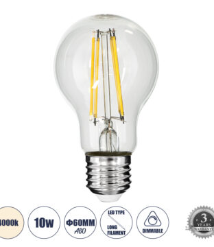 Λάμπα LED Long Filament E27 A60 Γλόμπος 10W 1100lm 360° AC 220-240V IP20 Φ6 x Υ10.5cm Φυσικό Λευκό 4000K με Διάφανο Γυαλί – Dimmable – 3 Years Warranty