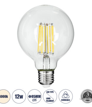 Λάμπα LED Long Filament E27 G95 Γλόμπος 12W 1320lm 360° AC 220-240V IP20 Φ9.5 x Υ13.5cm Φυσικό Λευκό 4000K με Διάφανο Γυαλί – Dimmable – 3 Years Warranty