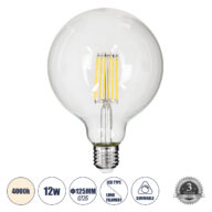 Λάμπα LED Long Filament E27 G125 Γλόμπος 12W 1320lm 360° AC 220-240V IP20 Φ12.5 x Υ18cm Φυσικό Λευκό 4000K με Διάφανο Γυαλί – Dimmable – 3 Years Warranty