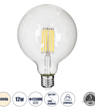 Λάμπα LED Long Filament E27 G125 Γλόμπος 12W 1320lm 360° AC 220-240V IP20 Φ12.5 x Υ18cm Φυσικό Λευκό 4000K με Διάφανο Γυαλί – Dimmable – 3 Years Warranty