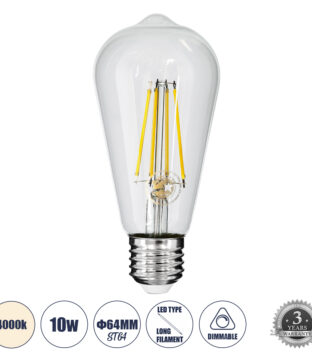 Λάμπα LED Long Filament E27 ST64 Αχλάδι 10W 1100lm 360° AC 220-240V IP20 Φ6.4 x Υ14cm Φυσικό Λευκό 4000K με Διάφανο Γυαλί – Dimmable – 3 Years Warranty