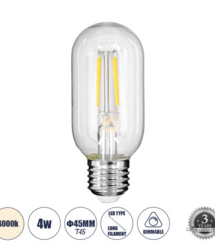 Λάμπα LED Long Filament E27 T45 Σωλήνας 4W 440lm 360° AC 220-240V IP20 Φ4.5 x Υ11cm Φυσικό Λευκό 4000K με Διάφανο Γυαλί – Dimmable – 3 Years Warranty