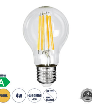 Λάμπα LED Long Filament E27 A60 Γλόμπος 4W 840lm 360° AC 220-240V IP20 Φ6 x Υ11cm Θερμό Λευκό 2700K με Διάφανο Γυαλί – Pro Series 210lm/W – A Ενεργειακή Κλάση – 3 Χρόνια Εγγύηση