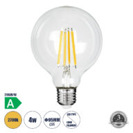 Λάμπα LED Long Filament E27 G95 Γλόμπος 4W 840lm 360° AC 220-240V IP20 Φ9.5 x Υ13.8cm Θερμό Λευκό 2700K με Διάφανο Γυαλί – Pro Series 210lm/W – A Ενεργειακή Κλάση – 3 Χρόνια Εγγύηση