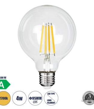 Λάμπα LED Long Filament E27 G95 Γλόμπος 4W 840lm 360° AC 220-240V IP20 Φ9.5 x Υ13.8cm Θερμό Λευκό 2700K με Διάφανο Γυαλί – Pro Series 210lm/W – A Ενεργειακή Κλάση – 3 Χρόνια Εγγύηση