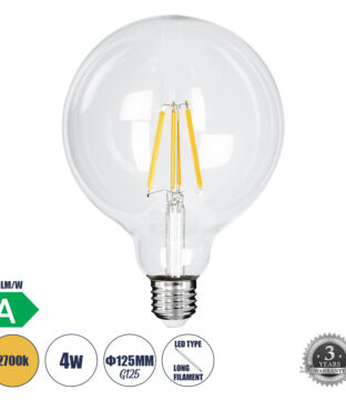 Λάμπα LED Long Filament E27 G125 Γλόμπος 4W 840lm 360° AC 220-240V IP20 Φ12.5 x Υ13.8cm Θερμό Λευκό 2700K με Διάφανο Γυαλί – Pro Series 210lm/W – A Ενεργειακή Κλάση – 3 Χρόνια Εγγύηση