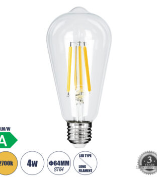 Λάμπα LED Long Filament E27 ST64 Αχλάδι 4W 840lm 360° AC 220-240V IP20 Φ6.4 x Υ14.5cm Θερμό Λευκό 2700K με Διάφανο Γυαλί – Pro Series 210lm/W – A Ενεργειακή Κλάση – 3 Χρόνια Εγγύηση