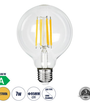 Λάμπα LED Long Filament E27 G95 Γλόμπος 7W 1470lm 360° AC 220-240V IP20 Φ9.5 x Υ13.8cm Θερμό Λευκό 2700K με Διάφανο Γυαλί – Pro Series 210lm/W – A Ενεργειακή Κλάση – 3 Χρόνια Εγγύηση