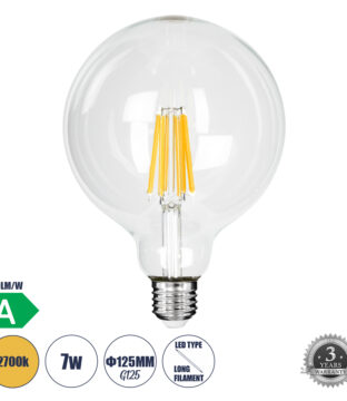 Λάμπα LED Long Filament E27 G125 Γλόμπος 7W 1470lm 360° AC 220-240V IP20 Φ12.5 x Υ13.8cm Θερμό Λευκό 2700K με Διάφανο Γυαλί – Pro Series 210lm/W – A Ενεργειακή Κλάση – 3 Χρόνια Εγγύηση