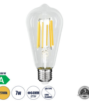 Λάμπα LED Long Filament E27 ST64 Αχλάδι 7W 1470lm 360° AC 220-240V IP20 Φ6.4 x Υ14.5cm Θερμό Λευκό 2700K με Διάφανο Γυαλί – Pro Series 210lm/W – A Ενεργειακή Κλάση – 3 Χρόνια Εγγύηση