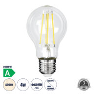 Λάμπα LED Long Filament E27 A60 Γλόμπος 4W 840lm 360° AC 220-240V IP20 Φ6 x Υ11cm Φυσικό Λευκό 4000K με Διάφανο Γυαλί – Pro Series 210lm/W – A Ενεργειακή Κλάση – 3 Χρόνια Εγγύηση