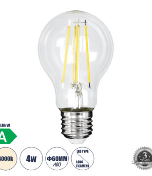 Λάμπα LED Long Filament E27 A60 Γλόμπος 4W 840lm 360° AC 220-240V IP20 Φ6 x Υ11cm Φυσικό Λευκό 4000K με Διάφανο Γυαλί – Pro Series 210lm/W – A Ενεργειακή Κλάση – 3 Χρόνια Εγγύηση