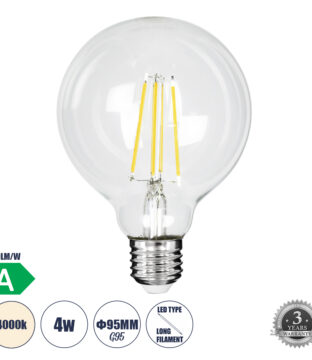 Λάμπα LED Long Filament E27 G95 Γλόμπος 4W 840lm 360° AC 220-240V IP20 Φ9.5 x Υ13.8cm Φυσικό Λευκό 4000K με Διάφανο Γυαλί – Pro Series 210lm/W – A Ενεργειακή Κλάση – 3 Χρόνια Εγγύηση