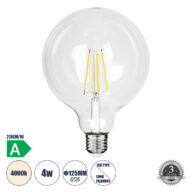 Λάμπα LED Long Filament E27 G125 Γλόμπος 4W 840lm 360° AC 220-240V IP20 Φ12.5 x Υ13.8cm Φυσικό Λευκό 4000K με Διάφανο Γυαλί – Pro Series 210lm/W – A Ενεργειακή Κλάση – 3 Χρόνια Εγγύηση