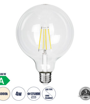 Λάμπα LED Long Filament E27 G125 Γλόμπος 4W 840lm 360° AC 220-240V IP20 Φ12.5 x Υ13.8cm Φυσικό Λευκό 4000K με Διάφανο Γυαλί – Pro Series 210lm/W – A Ενεργειακή Κλάση – 3 Χρόνια Εγγύηση