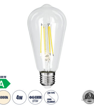 Λάμπα LED Long Filament E27 ST64 Αχλάδι 4W 840lm 360° AC 220-240V IP20 Φ6.4 x Υ14.5cm Φυσικό Λευκό 4000K με Διάφανο Γυαλί – Pro Series 210lm/W – A Ενεργειακή Κλάση – 3 Χρόνια Εγγύηση