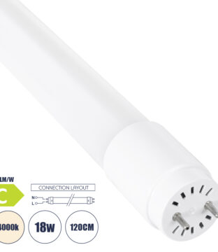 Λάμπα LED Τύπου Φθορίου Θερμοπλαστική T8 G13 120cm 18W 3060lm 300° AC 220-240V IP20 Φ2.6 x Μ120cm – Φυσικό Λευκό 4000K – Pro Series 170lm/W – C Ενεργειακή Κλάση – 3 Χρόνια Εγγύηση