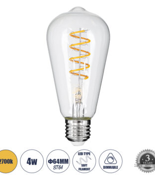 Λάμπα LED Soft S Spiral Filament E27 ST64 Αχλάδι 4W 300lm 360° AC 220-240V IP20 Φ6.4 x Υ14cm Θερμό Λευκό 2700K με Διάφανο Γυαλί – Dimmable – 3 Years Warranty