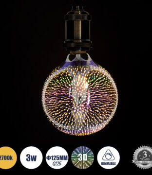 Λάμπα LED Long Filament E27 G125 Γλόμπος 3D Galaxy Effect 3W 201lm 360° AC 220-240V IP20 Φ12.5 x Υ18cm Θερμό Λευκό 2700K με Galaxy Mirror Γυαλί – Dimmable – 3 Years Warranty