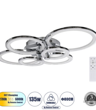 Φωτιστικό Οροφής Design LED CCT 135W 16200lm 360° AC 220-240V – Εναλλαγή Φωτισμού μέσω Τηλεχειριστηρίου All In One Ψυχρό 6000k+Φυσικό 4500k+Θερμό 2700k Dimmable Μ80.5 x Π59 x Υ12cm – Νίκελ Χρώμιο – 3 Years Warranty