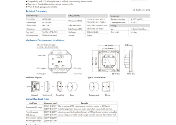 S1-T SKYDANCE AC Smart RF 2.4Ghz & Αφής - Touch Triac Dimming AC100-240V σε AC100-240V 1 x 1.5A 360W - Max 1.5A 360W - IP20 - Μαύρο Σώμα - Μ8.5 x Π8.5 x Υ3.2cm - 5 Years Warranty