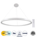 Κρεμαστό Φωτιστικό Δαχτυλίδι-Κύκλος LED CCT 75W 8743lm 360° AC 220-240V - Εναλλαγή Φωτισμού μέσω Τηλεχειριστηρίου All In One Ψυχρό 6000k+Φυσικό 4500k+Θερμό 2700k Dimmable Φ100cm - Λευκό - 3 Years Warranty