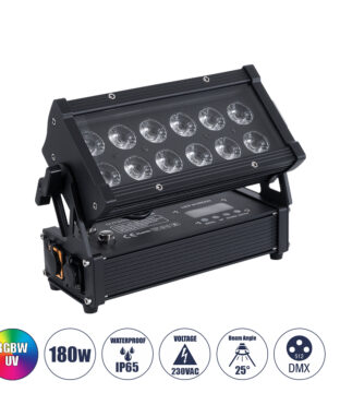 Επαγγελματική Κεφαλή PAR DMX512 180W AC 220V-240V 6in1 – SPOT 25° OSRAM LED Αδιάβροχη IP65 RGBW+UV – Μαύρο – Μ30 x Π14 x Υ19cm – 2 Χρόνια Εγγύηση