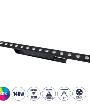 Επαγγελματική Μπάρα Φωτισμού Wall Washer LED 14 x 10W 140W 8° AC 220-240V IP20 Πολύχρωμο RGB DMX512 – Μαύρο – Μ100 x Π6.5 x Υ12.5cm – 2 Χρόνια Εγγύση