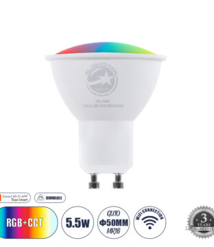 Έξυπνο Σποτ LED GU10 MR16 Smart Home Wifi  5.5W 550lm 120° AC 220-240V IP20 Φ5 x Υ6.5cm RGB+CCT – Εναλλαγή Φωτισμού & Dimming μέσω Εφαρμογής Tuya – Bridgelux Chip – 3 Χρόνια Εγγύηση