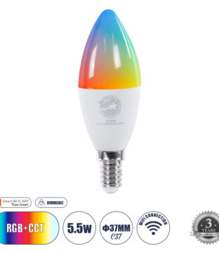 Έξυπνη Λάμπα LED E14 C37 Κεράκι Smart Home Wifi 5.5W 550lm 260° AC 220-240V IP20 Φ3.7 x Υ11cm RGB+CCT – Εναλλαγή Φωτισμού & Dimming μέσω Εφαρμογής Tuya – Bridgelux Chip – 3 Χρόνια Εγγύηση