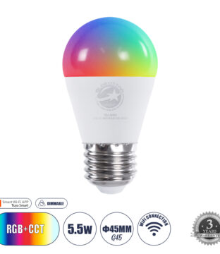 Έξυπνη Λάμπα LED E27 G45 Γλομπάκι Smart Home Wifi 5.5W 550lm 260° AC 220-240V IP20 Φ4.5 x Υ8.8cm RGB+CCT – Εναλλαγή Φωτισμού & Dimming μέσω Εφαρμογής Tuya – Bridgelux Chip – 3 Χρόνια Εγγύηση