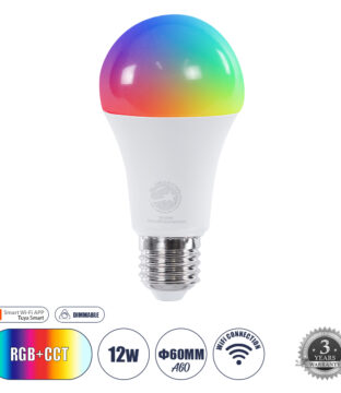 Έξυπνη Λάμπα LED E27 A60 Γλόμπος Smart Home Wifi 12W 1200lm 260° AC 220-240V IP20 Φ6 x Υ12cm RGB+CCT – Εναλλαγή Φωτισμού & Dimming μέσω Εφαρμογής Tuya – Bridgelux Chip – 3 Χρόνια Εγγύηση