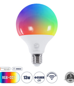 Έξυπνη Λάμπα LED E27 G95 Γλόμπος Smart Home Wifi 13W 1300lm 260° AC 220-240V IP20 Φ9.5 x Υ13.5cm RGB+CCT – Εναλλαγή Φωτισμού & Dimming μέσω Εφαρμογής Tuya – Bridgelux Chip – 3 Χρόνια Εγγύηση