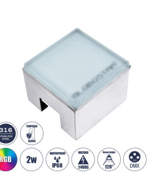 Χωνευτό Φωτιστικό Σποτ Δαπέδου LED 2W 200lm 120° DC 24V Αδιάβροχο IP68 IK06 Μ10 x Π10 x Υ8cm RGB Dimmable – Tempered Γαλακτερό Γυαλί & Ανοξείδωτο Ατσάλι – Bridgelux Chip – 3 Χρόνια Εγγύηση