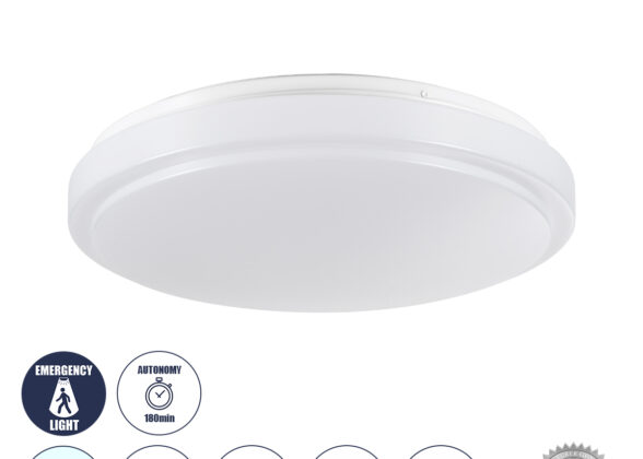 Πλαφονιέρα Οροφής LED 30W 3000lm 120° AC 220-240V με Ενσωματωμένο Σύστημα Emergency Li-ion 3450mAh/12.8Wh με Αυτονομία έως 3hrs - Αδιάβροχη IP54 Φ38 x Υ5.3cm Ψυχρό Λευκό 6000K - Λευκό - Bridgelux Chips - 3 Years Warranty