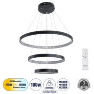 Κρεμαστό Φωτιστικό Δαχτυλίδι-Κύκλος LED CCT 100W 11200lm 360° AC 220-240V – Εναλλαγή Φωτισμού μέσω Τηλεχειριστηρίου All In One Ψυχρό 6000k+Φυσικό 4500k+Θερμό 2700k Dimmable Φ25+40+60cm – Μαυρο – 3 Χρόνια Εγγύηση