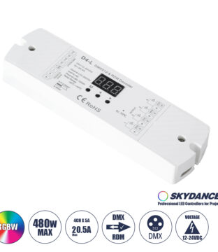 DC DMX & RDM Dimmer High Speed Controller / Decoder 4 Καναλιών DC 12-24V 4 x 5A 120W – Max 20.5A 480W – IP20 Μ17 x Π5 x Υ2.5cm – 5 Years Warranty