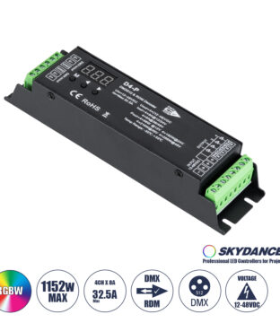 D4-P SKYDANCE DC DMX & RDM Dimmer High Speed Controller / Decoder 4 Καναλιών DC 12-48V 4 x 8A 384W – Max 32.5A 1152W – IP20 Μ17.5 x Π4.5 x Υ2.8cm – 5 Years Warranty