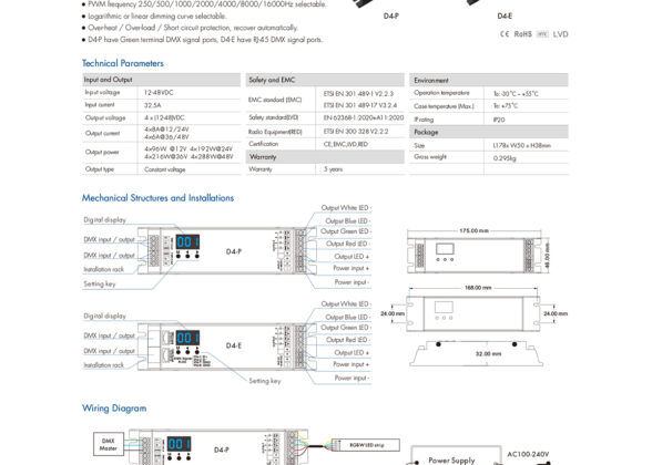 D4-P SKYDANCE DC DMX & RDM Dimmer High Speed Controller / Decoder 4 Καναλιών DC 12-48V 4 x 8A 384W - Max 32.5A 1152W - IP20 Μ17.5 x Π4.5 x Υ2.8cm - 5 Years Warranty