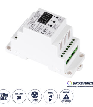 Dimmer Din Rail Ράγας 2 Καναλιών AC 100-240V 2 x 1.5A 360W – Max 3A 720W – IP20 DMX512 Μ11.5 x Π5 x Υ6.5cm – 5 Years Warranty