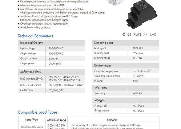 Dimmer Din Rail Ράγας 1 Καναλιού AC 100-240V 1 x 2A 480W - Max 2A 480W - IP20 DMX512 Μ11.5 x Π5 x Υ6.5cm - 5 Years Warranty